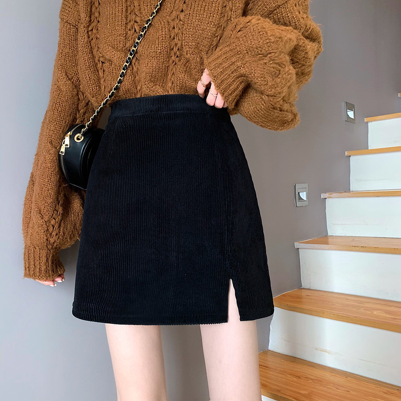 Picture of Autumn and Winter Split A- shaped Skirt 2021 New Style Western Style High Waist Slimming Corduroy Solid Color All-match Hip Skirt