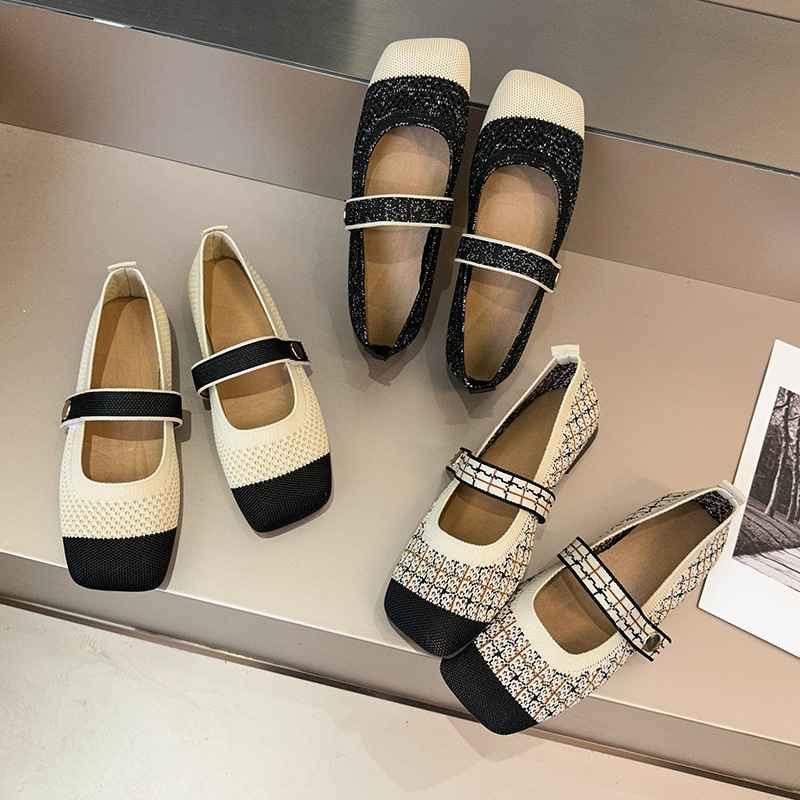 Flyknit hollow-out breathable buckle Japanese princess shoes 2024 New Chanel style knitted shallow mouth square toe single-layer shoes for women