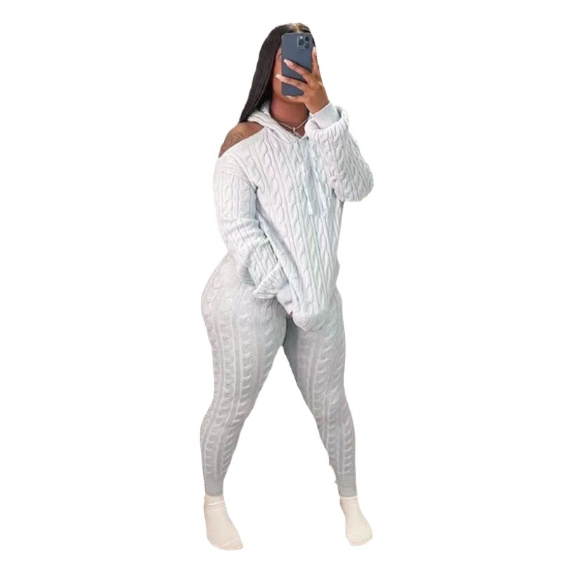 2023 Amazon AliExpress fashion high elastic solid color two-piece off-the-shoulder sweater slim casual pullover sweater