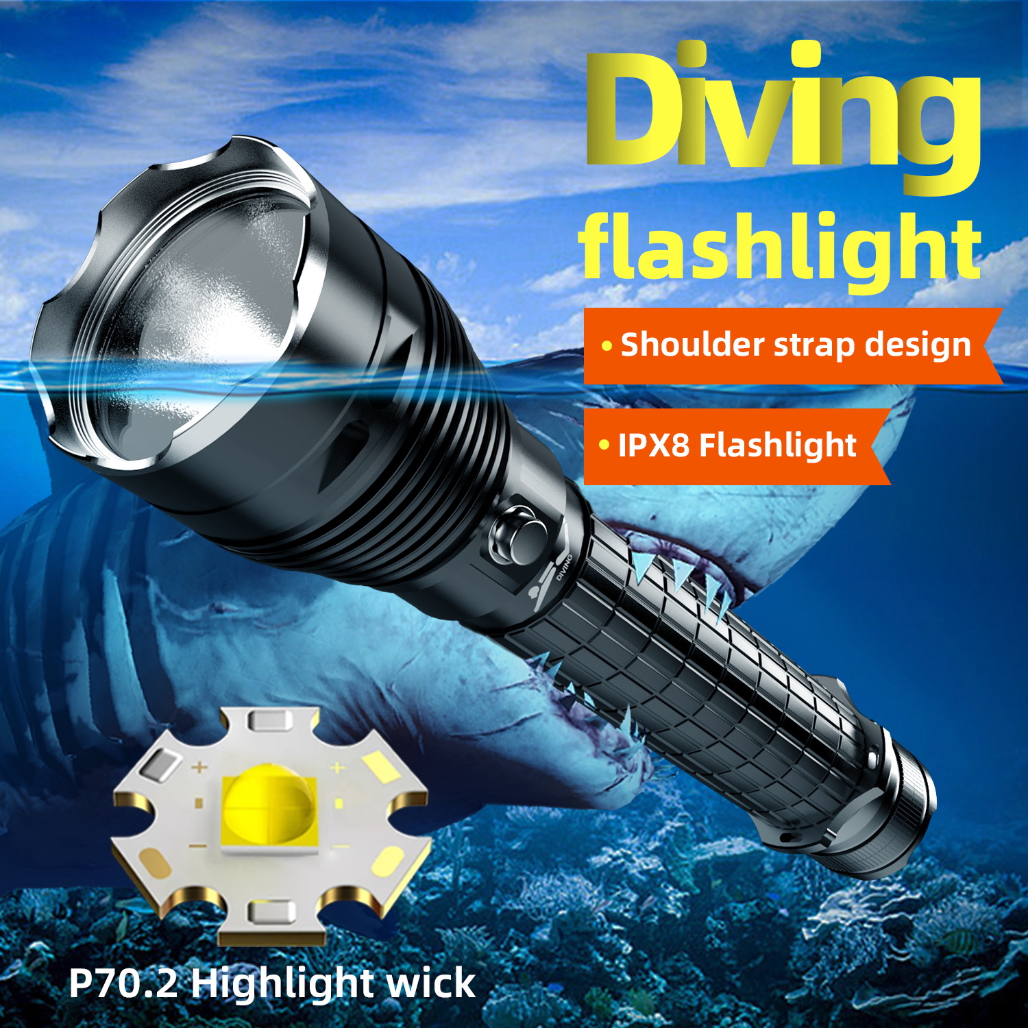 Cross-border Hot Selling Shoulder Strap Crossbody Portable XHP70 Flashlight High Power Range Magnetron Switch White Light P70 Diving