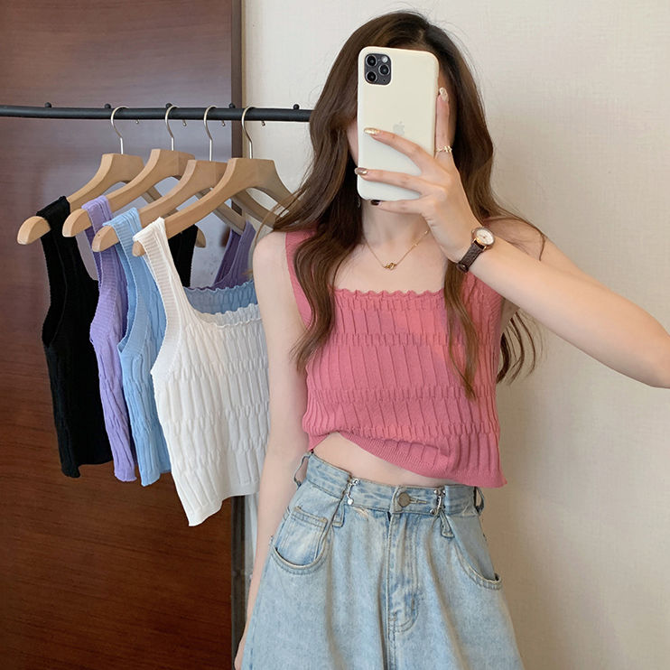 Ice Silk Camisole Women's Square Collar Summer Wear Beautiful Back Wear French Hot Girl Top Knitted Base Shirt for Women
