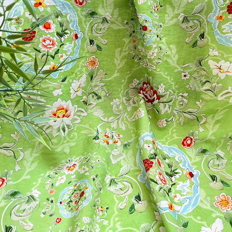 New Chinese style green court flower digital printed fabric brocade cotton fabric cheongsam dress top Hanfu fabric