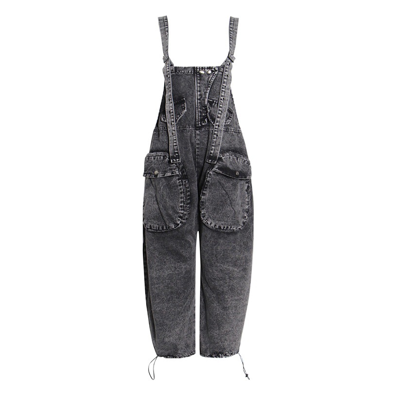 American High-Waist Suspender Jeans 2025 New Loose Version Large Flap Pocket Pants Design Personalized Wide-Leg Pants for Women Summer