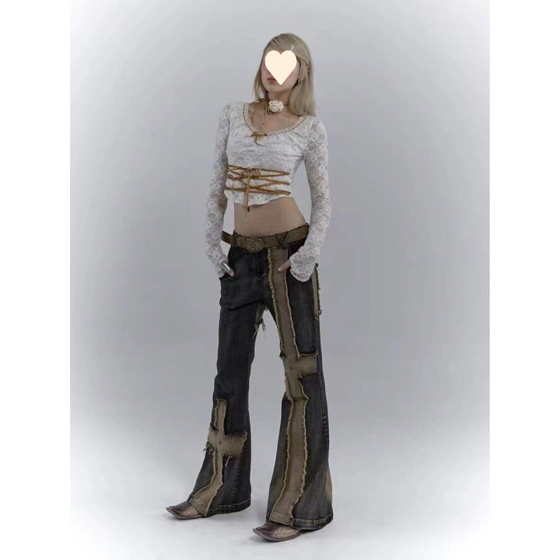 American Style Retro High Street Waste Earth Style Jeans Hot Girl Slim-fit Slimming Design Stitching Cross Micro-pants