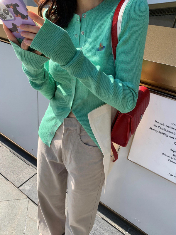 Green Long-Sleeved Knitted Cardigan for Women Spring & Fall New High-End Slim Slim Long-Sleeved T-Shirt Thin Outwear Top