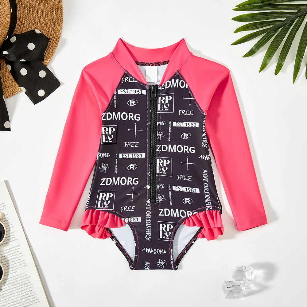 European and American children's swimsuit girls' long-sleeved one-piece sun protection surfing suit children's baby swimming suit
