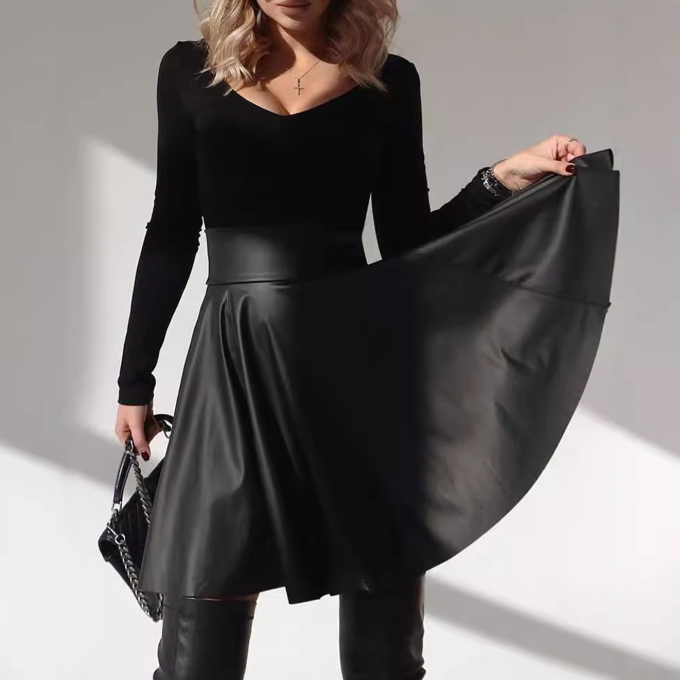 Leather Clothing European and American Cross-Border Women's Clothing 2024 Amazon Autumn and Winter New High Waist Large Hem Pu Leather Skirt Umbrella Skirt