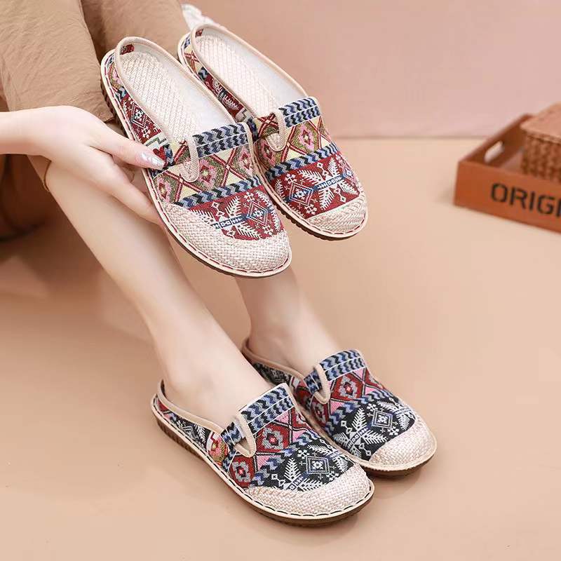 Women's Cloth Shoes Spring and Summer Flat Heel Ethnic Style Shallow Mouth Middle-aged Slip-on Lazy Shoes Baotou Slippers Moms Shoes
