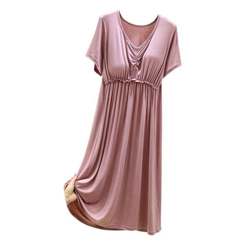 Nightgown for Women Summer All-In-One Breast Pad Pajamas Pleated Over-The-Knee Short-Sleeved Dress Modal Thin Home Clothes
