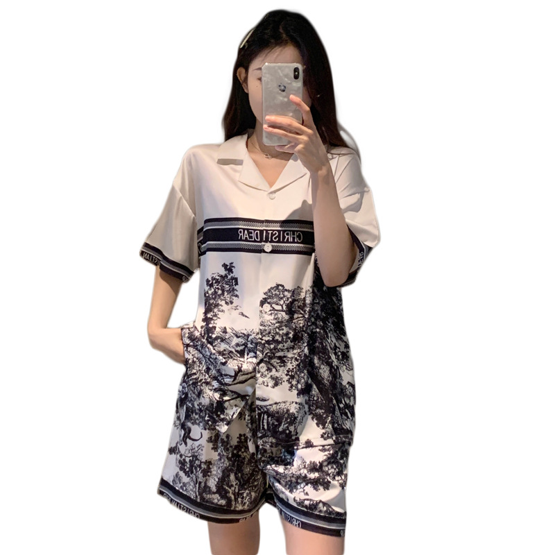 Picture of Cross-border new new Chinese ink painting ice silk pajamas women's high-end sense thin short sleeve shorts lovers suit wholesale