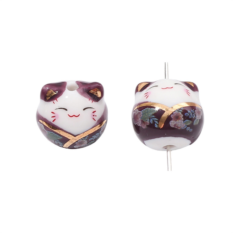 Picture of Japanese-style ceramic lucky cat beaded vertical hole cat pendant jewelry mobile phone chain ceramic cat bracelet DIY loose beads wholesale