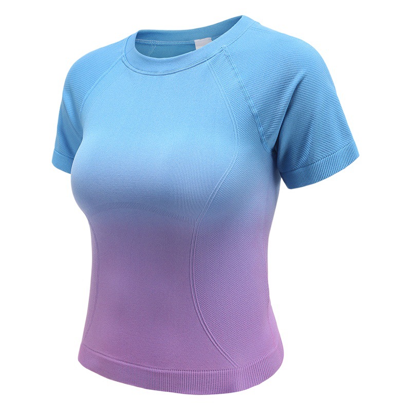 High Elastic Seamless Knitted Slim Fitness T-shirt Gradient Color Quick-drying Sports Top Slimming Yoga Clothes Short-sleeved Women's Summer
