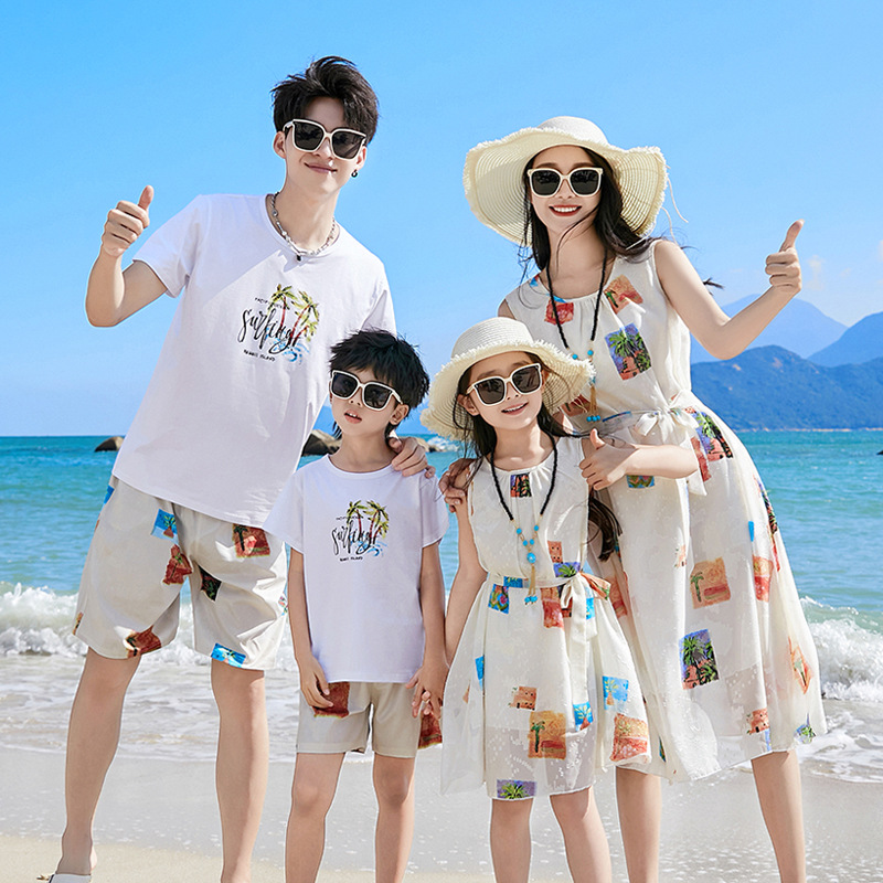Picture of Seaside Holiday parent-child suit a three-Mouth beach dress female women's clothing high-end Western style chiffon dress a family of four
