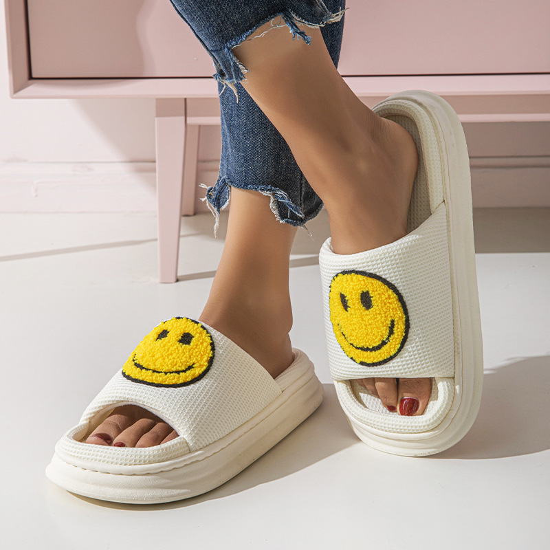 Smiley Linen Open Cotton Shoes for Couples at Home, Comfortable Non-Slip Cotton Slippers, Indoor Breathable Non-Stinky Foot Sandals