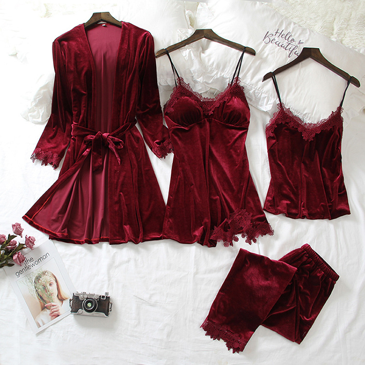 Picture of Pajamas for Women 2025 Spring New Gold Velvet Four-Piece Set Sexy Long-Sleeved Korean Velvet Nightgown with Chest Pad Home Clothes
