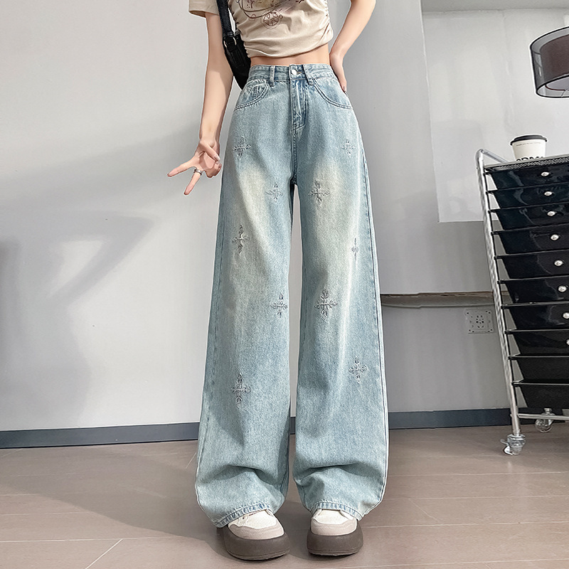 Glacier Blue Straight Leg Jeans Women's Summer New 2024 Explosions High Waist Loose Slimming Small Wide Legs
