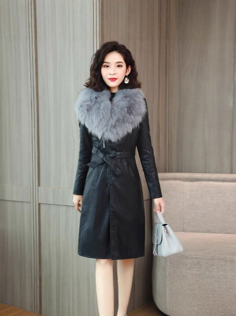 Picture of [Noble Light Luxury] Korean Women's Winter fleece-lined Fur Coat Mid-length Slim-fit Strap Large Fur Collar Leather Coat