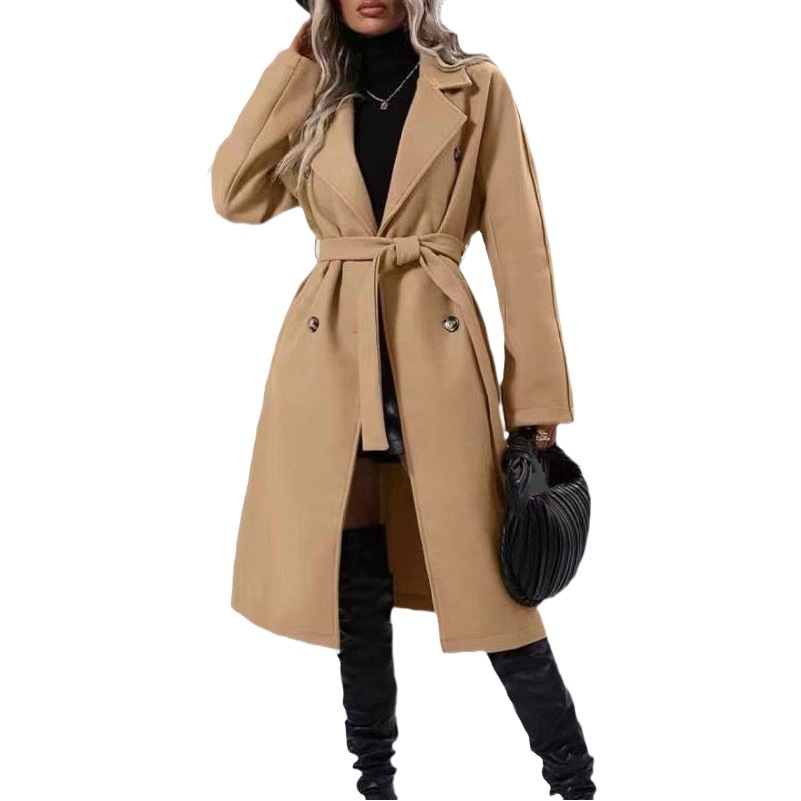 2025 Europe and the United States cross-border foreign trade new solid color lapel thickened dragon and phoenix lace double-breasted long trench coat women