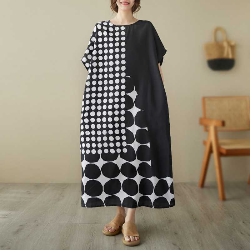 2023 Summer New Artistic Size Wave Dot Stitching Printing plus size Short-sleeved Robe dress