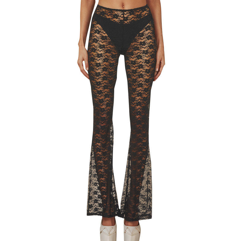 Flared wide-leg pants Amazon popular small floral sexy lace pants versatile high elastic perspective casual long pants