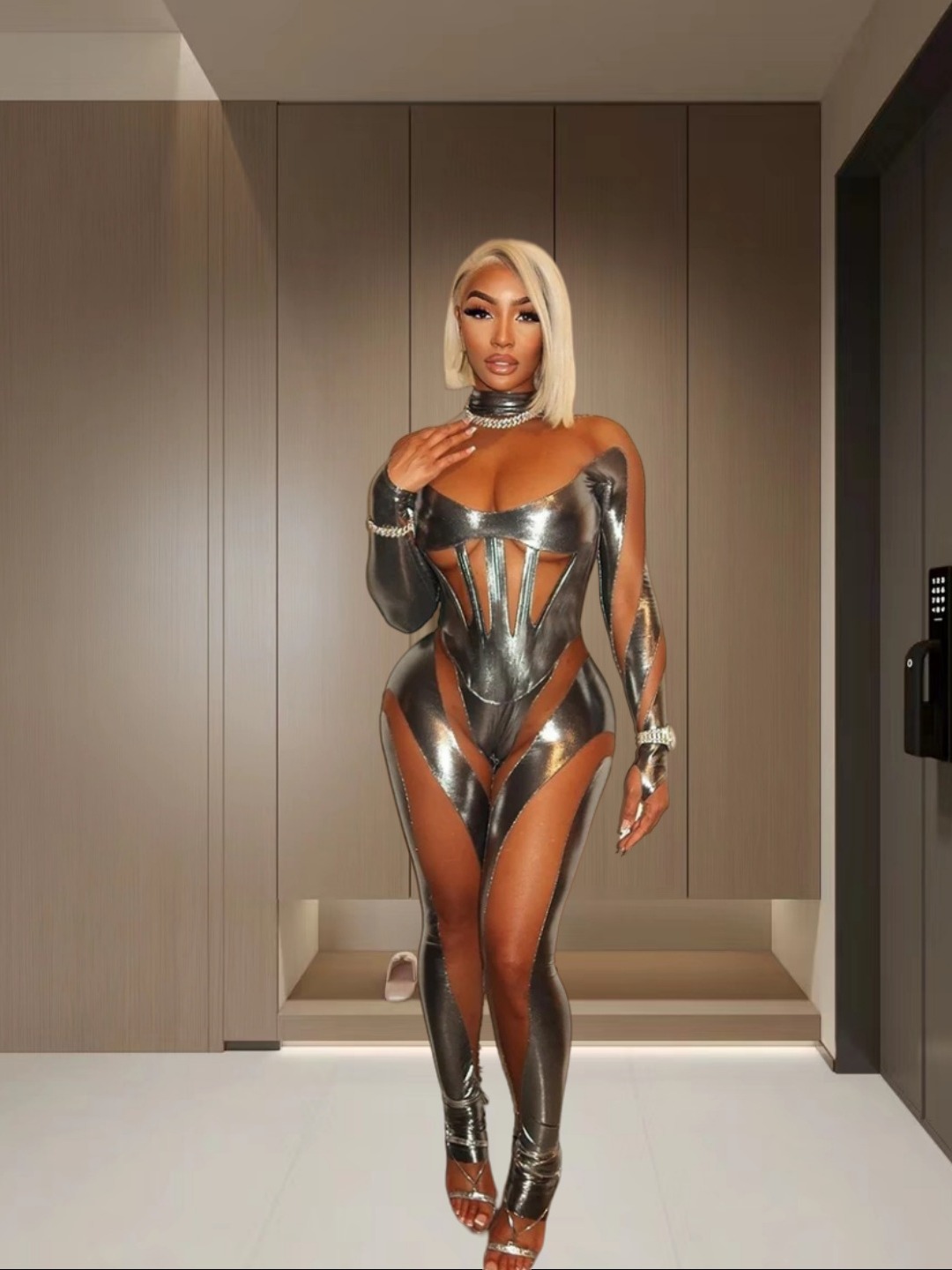 Amazon AliExpress 2024 new fashion stitching mesh perspective high waist zipper slim sports jumpsuit