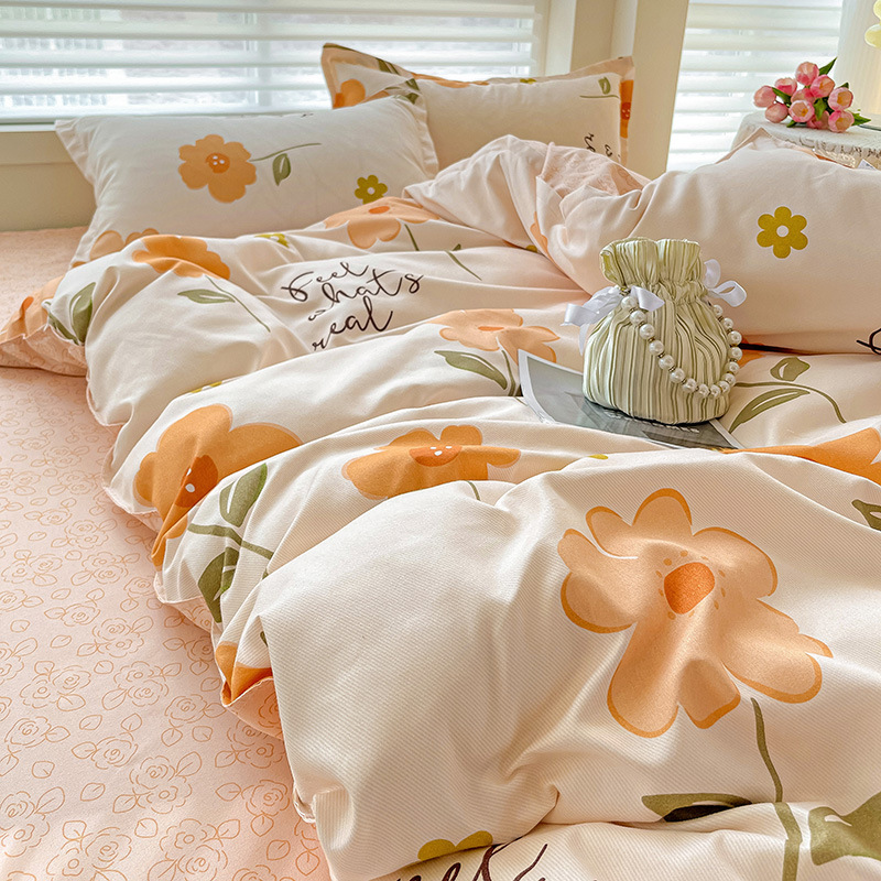 Picture of Class A Maternal and Infant Grade Four-Piece Set Small Fresh Thickened Sanding Quilt Cover Washed Cotton Bed Sheet Quilt Cover Dormitory Three-Piece Set ins