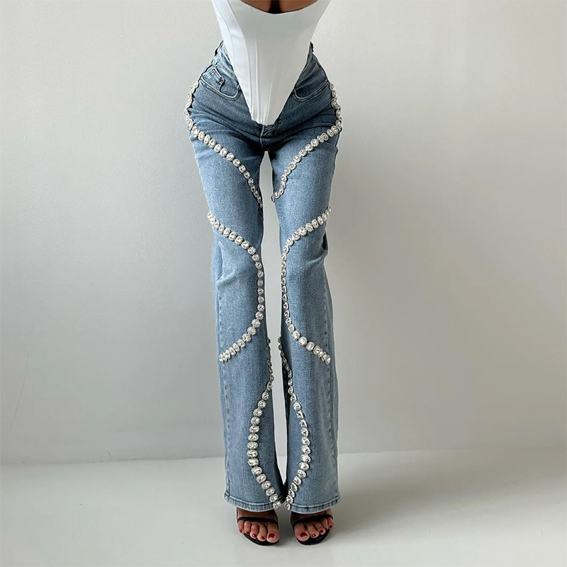 Picture of Fashionable Personalized Jeans for Women 2025 Summer New Trendyy Ring Rhinestone Splicing Design Straight Pants