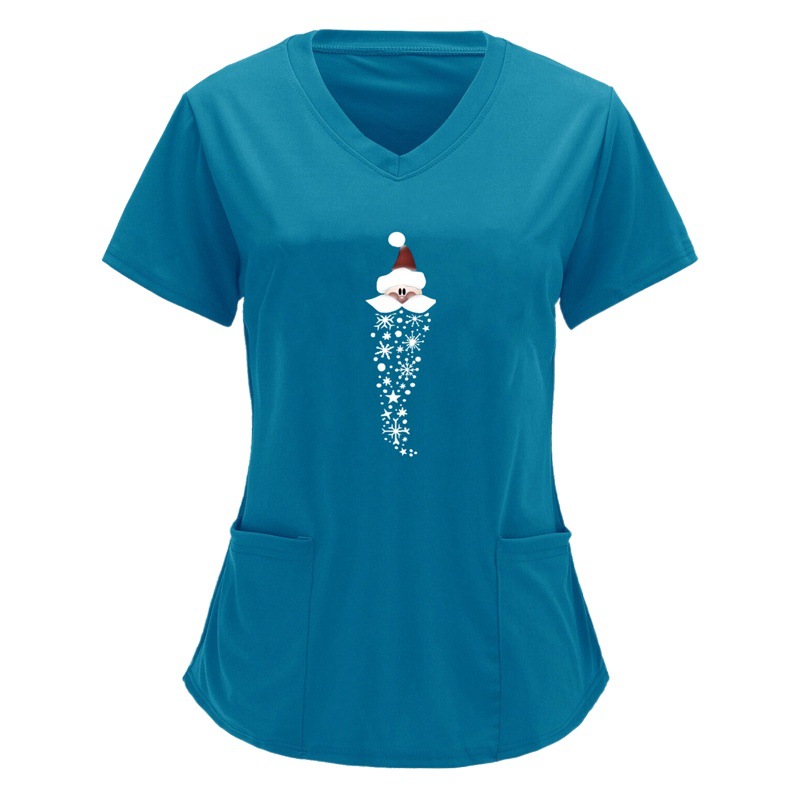 Amazon Cross-border 2023 European and American Nurse Christmas Snowflake Printed V-Neck Pocket Short Sleeve Long T-shirt