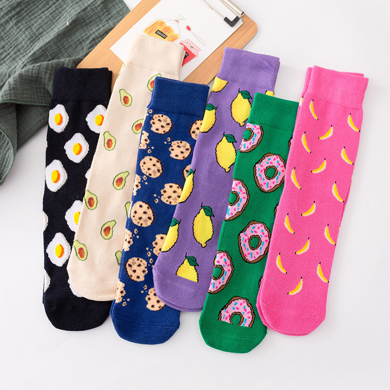 Avocado fries egg interesting color matching cotton mid-tube fashionable socks European and American Harajuku women's socks