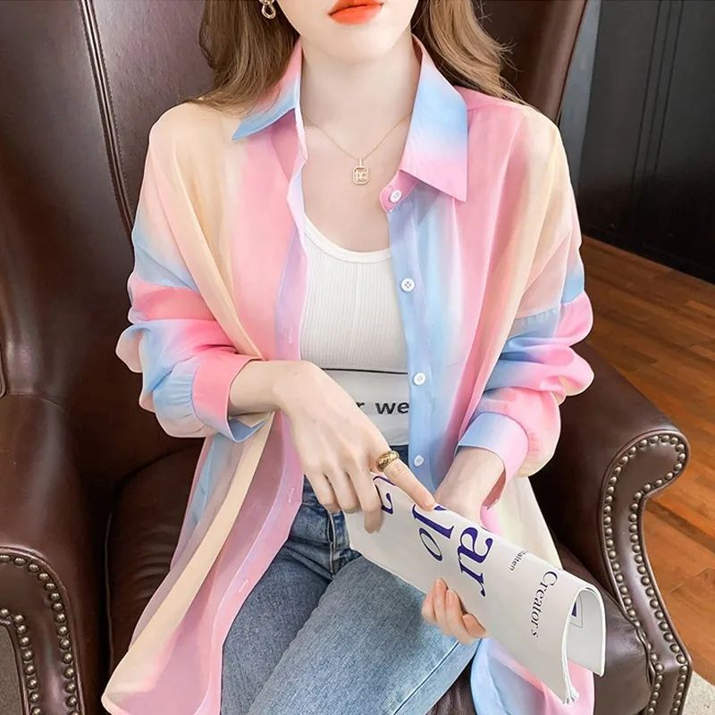 Sun Protection Clothing for Women Summer 2024 New Thin Long-sleeved Rainbow Shirt Fashionable Foreign Style Outer Wear Light Cardigan Trend