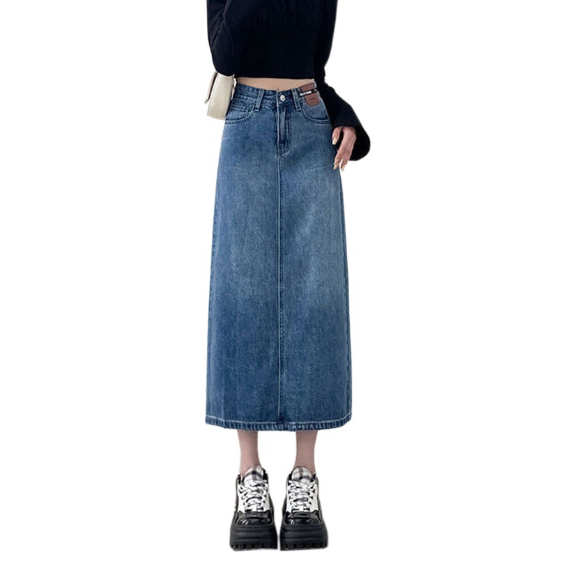 Half-length denim skirt for women ins style leather design high waist straight split retro A- line mid-length hip skirt