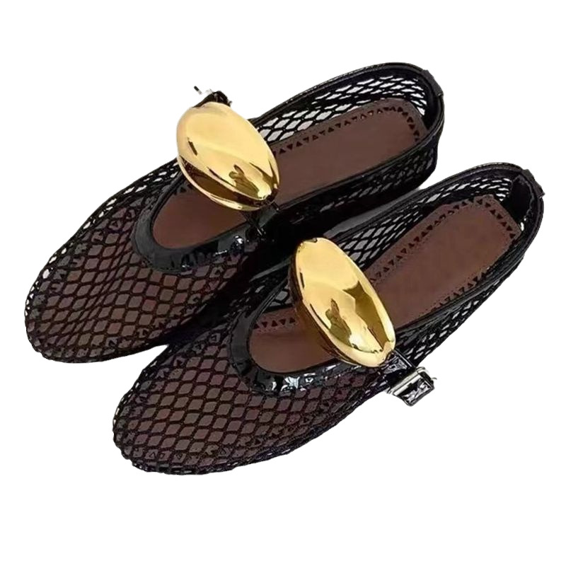 Picture of Cowhide Version Round Toe Niche Fish Mesh Cut Out Ballet Shoes for Women New Fashion Simple Flats Bottom Belt Buckle Shoes