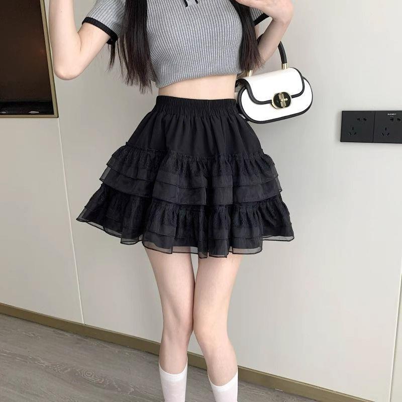 Lace Cake A- line Short Skirt Summer 2024 New Ballet Style High Waist White Mesh Puff Skirt Women