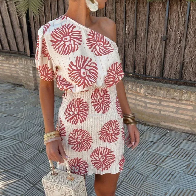 2024 summer Amazon new European and American women's slant collar printing elegant short sleeve fashion elegant dress