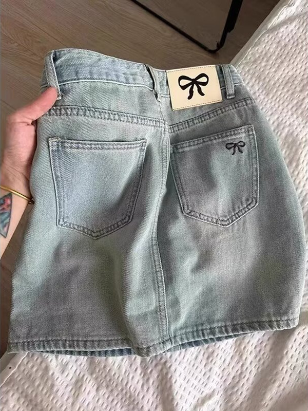 Bow embroidery blue Denim skirt 2024 summer new high waist slim hot girl wrap hip skirt ins