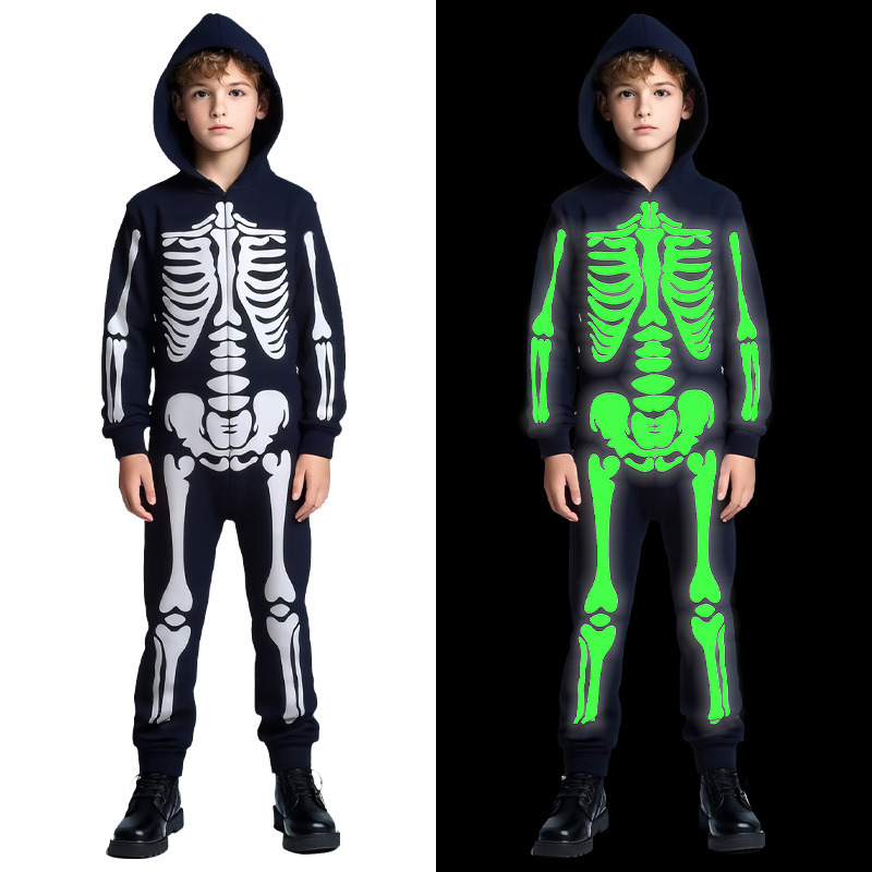 Cross-border Halloween Children's Costume Skull Skeleton White Luminous Ghost Costume Playing One-piece Hooded Costume Costume