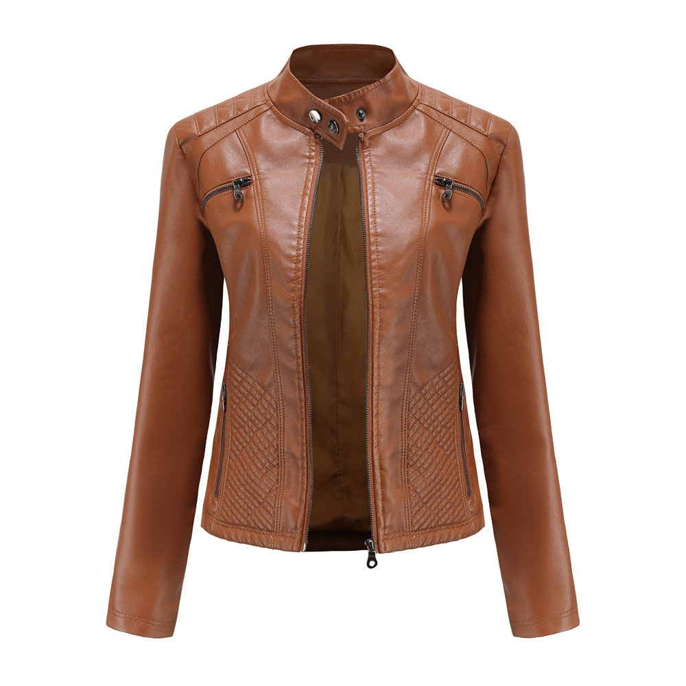 Picture of New Women's Casual Leather Collar Jacket European and American Slim-fit Jacket Women's Spring and Autumn Solid Color Women's Leather Jacket
