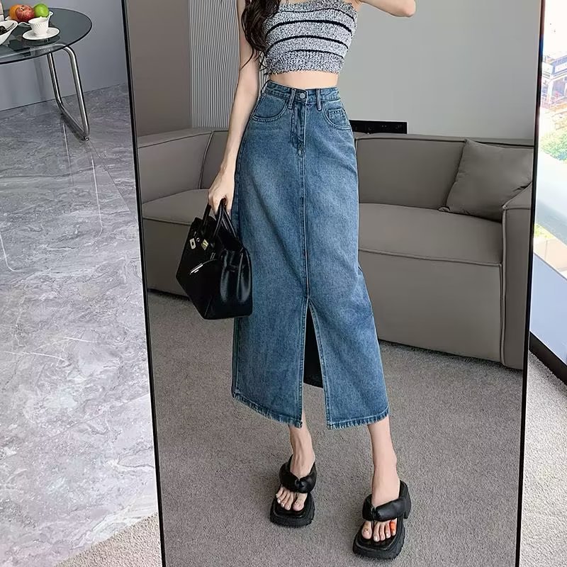 2024 Spring and Autumn Split Denim Skirt Women's Design Sense High Waist A- shaped Mid-length Skirt Sheath Denim Skirt