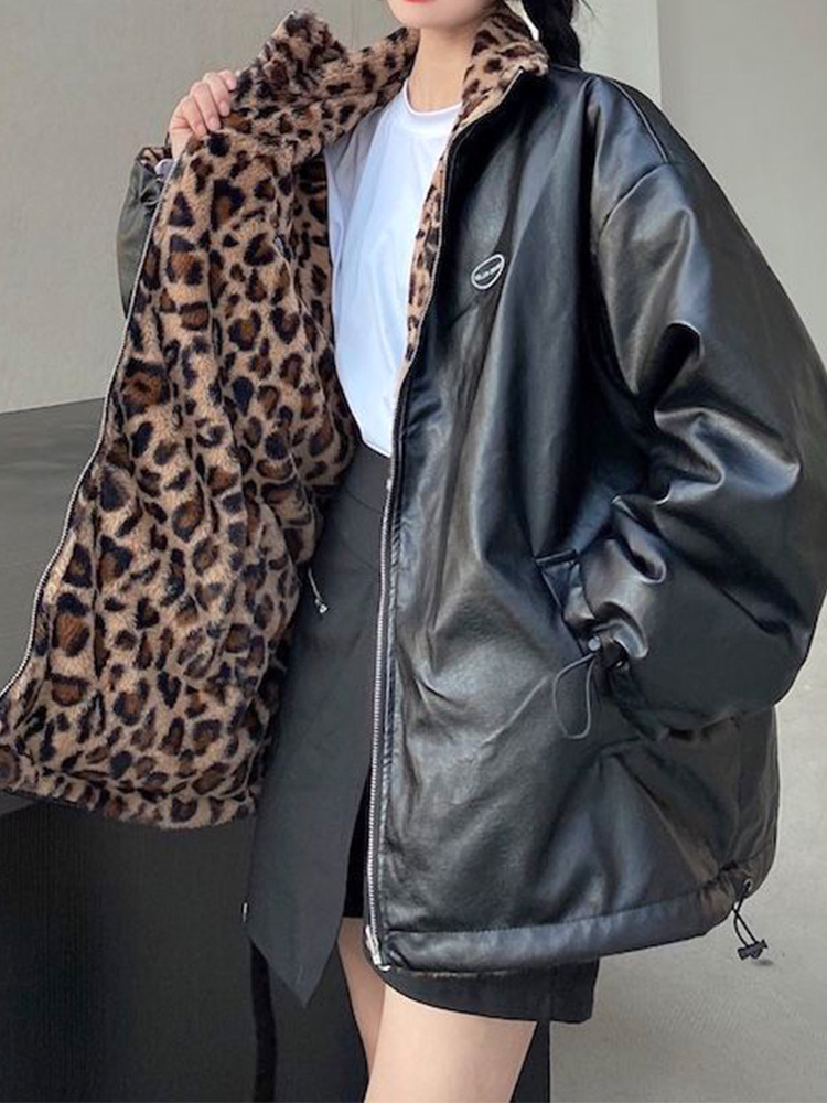 Picture of European and American Style 2025 Autumn and Winter New Women's Clothing Reversible Leopard Print Pu Leather Jacket Thickeneded Warm Plush Jacket Wholesale