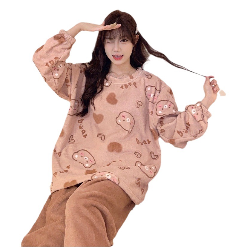Pajamas Women's Autumn and Winter Simple Casual Festival Thickened Sweet Cute Korean Coral Fleece Crewneck Home Clothes suit