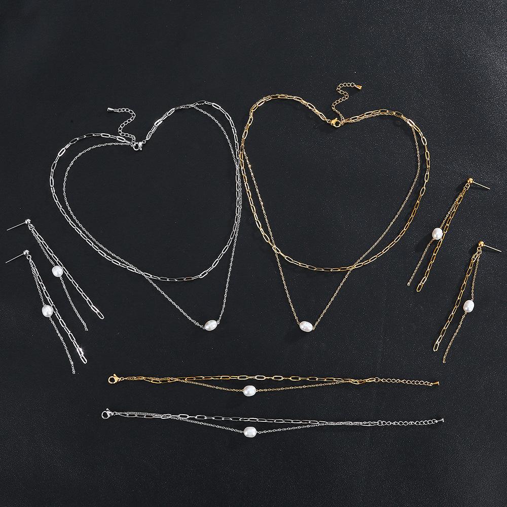 High quality fresh water pearl jewelry women waterproof wear-resistant non-fading stainless steel double row chain earrings necklace bracelet suit