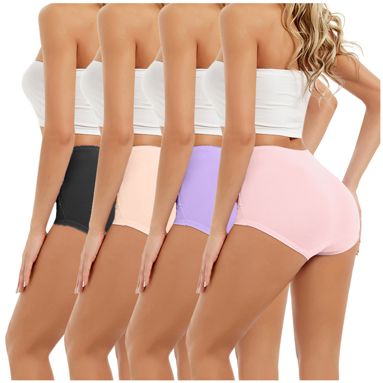 [4 pack] Foreign trade cross-border ladies plus size underwear lace high waist hip spot pink solid color briefs