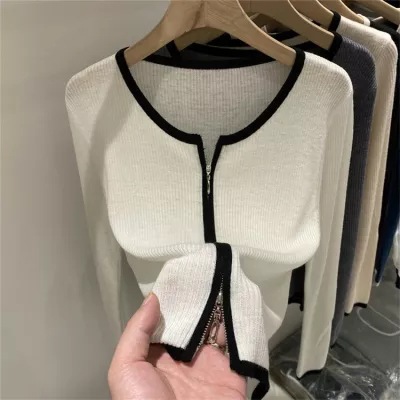 European design sense double zipper soft waxy long sleeve knitted cardigan women's autumn new style western style base shirt top