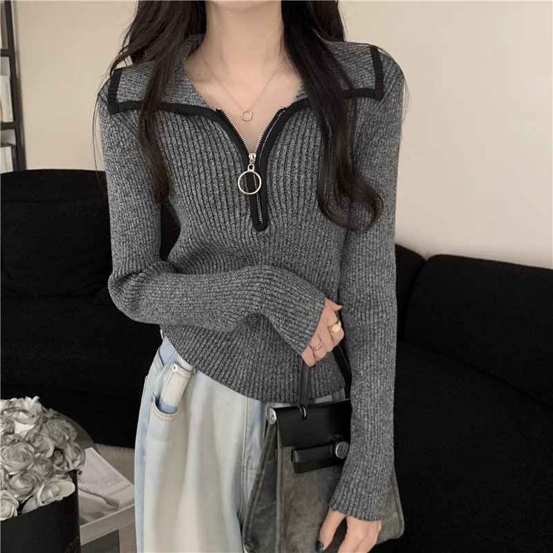 Picture of Zipper Lapel Sweater 2023 Autumn/Winter Long Sleeve Slim Fit Color-Block Knitted Top for Women