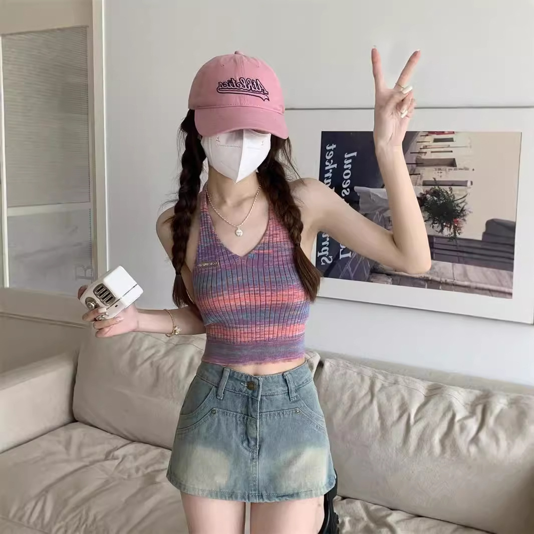 Dopamine Purple Striped Halter Camisole Women's Summer Pleated Halter Outer Wear Spice Girls Thai Seaside Top Women