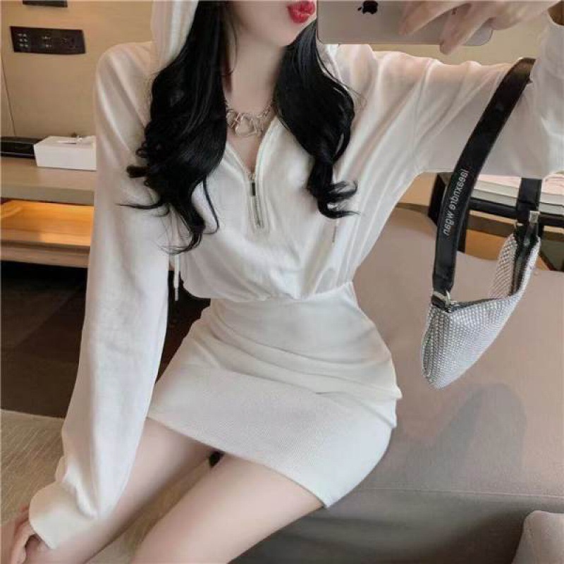 Hooded Sweatshirt Hip-Covering Short Skirt 2024 Autumn New Style Waist Slimming Look Bottoming Versatile Korean Style Dress