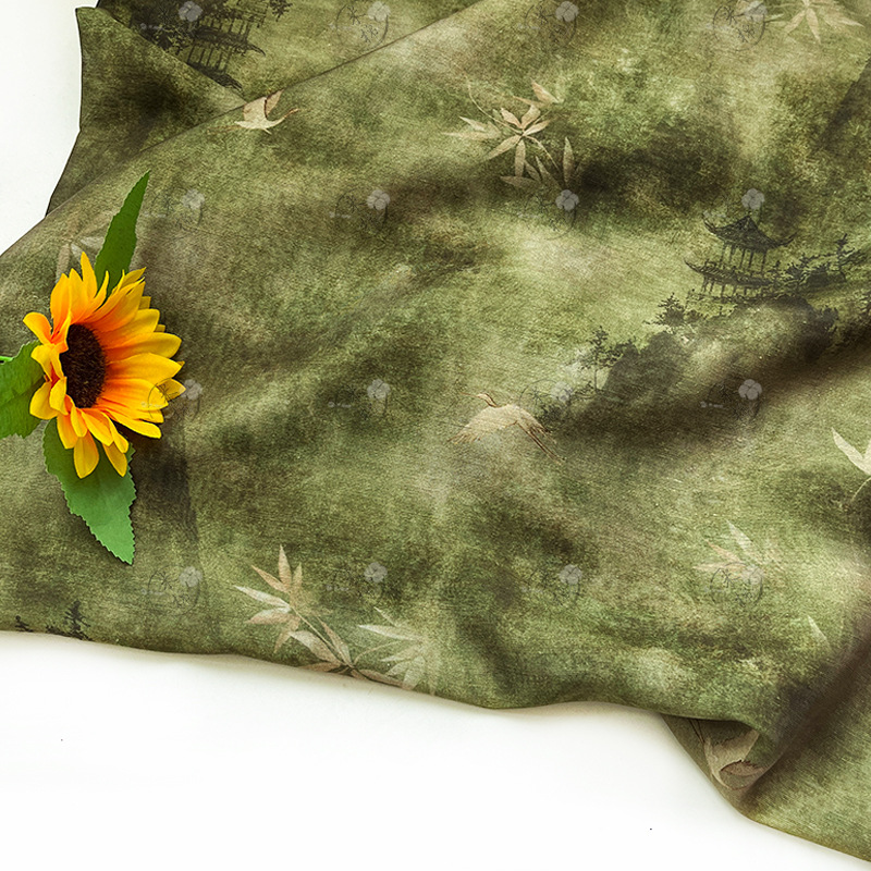 Qingluan Crane Hidden gauze skirt, Hanfu shirt, cheongsam, new Chinese style Tencel linen fabric, handmade DIY fabric