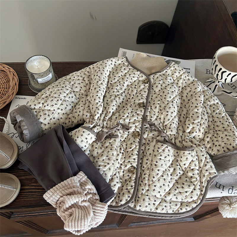 Big Sale Non-Refundable and Non-Exchangeable [Order on Rationality] Girls' Floral Quilted Jacket + Velvet Leggings + Bottoming Shirt