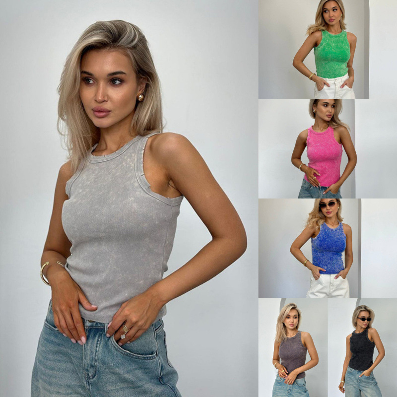 Cross-border Europe and the United States New 2025 Summer Washed Old T-shirt Shoulder Tight Waist Slimming Rib Hole Camisole Vest