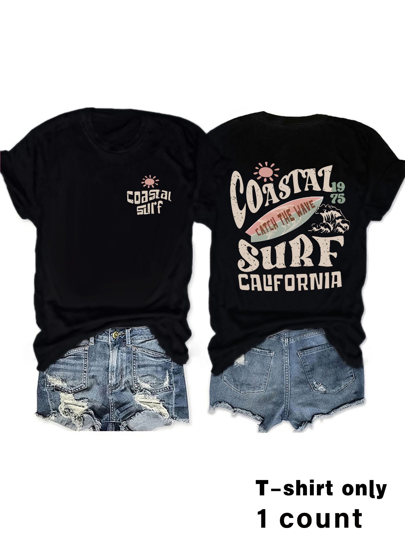 European and American Round Neck Vintage Coastal Surf Californiamatc Top Women's T-Shirt Loose Short Sleeves